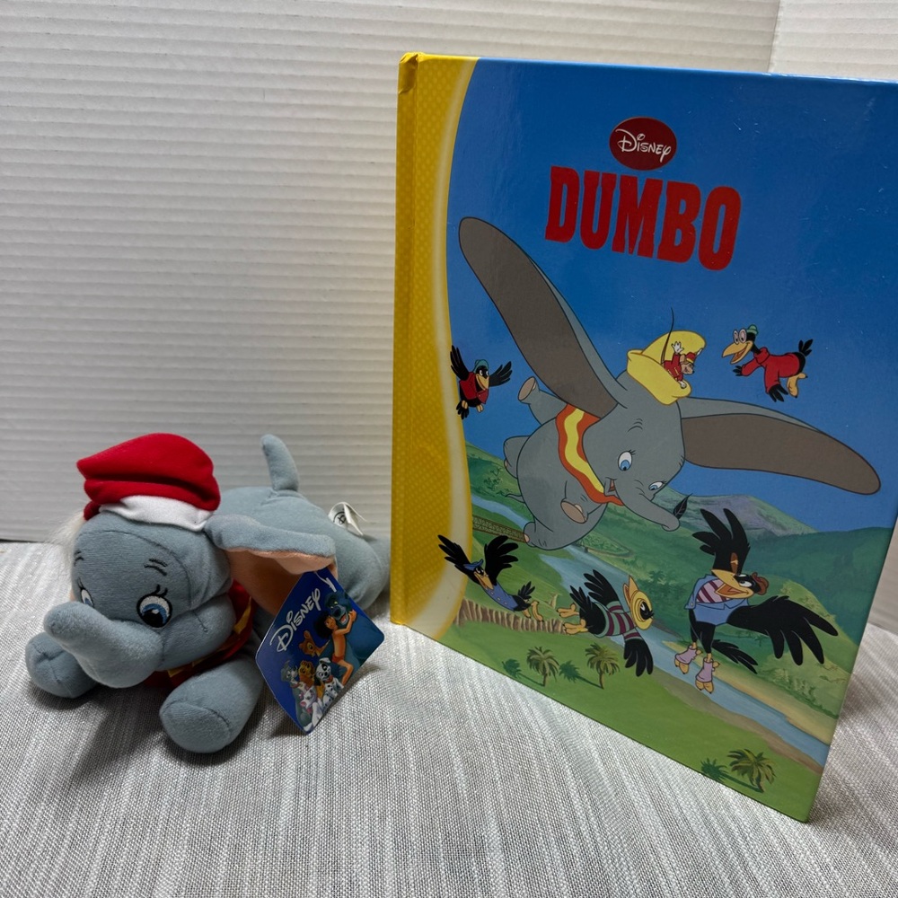 Disney Dumbo Elephant Toy Factor Plush  Toy Floppy Ears Santa Hat  9” and book